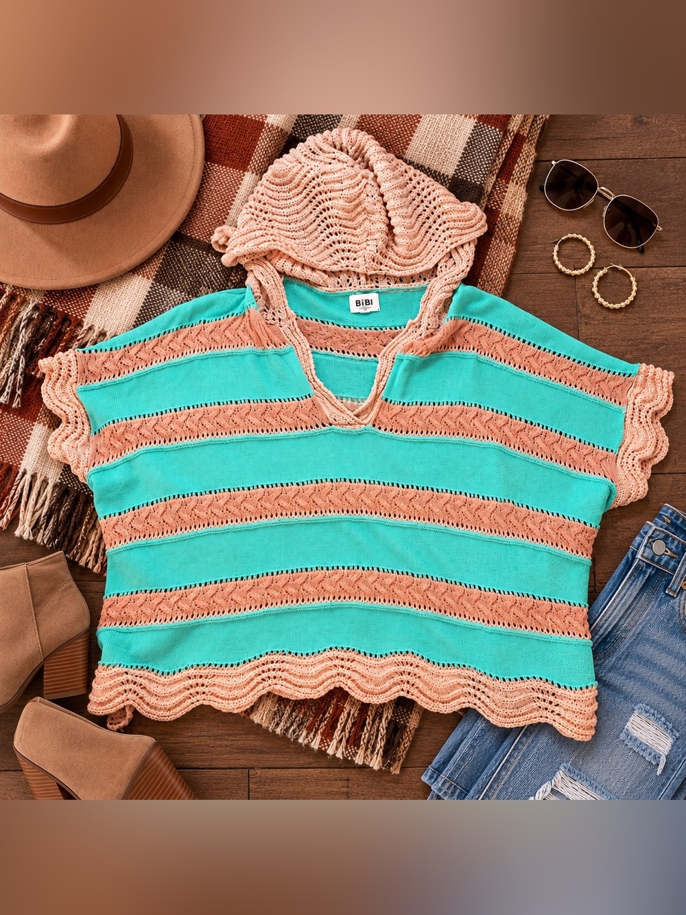 BiBi XL Aqua Tan Crochet Knit Hooded Sweater Boho Oversized Top